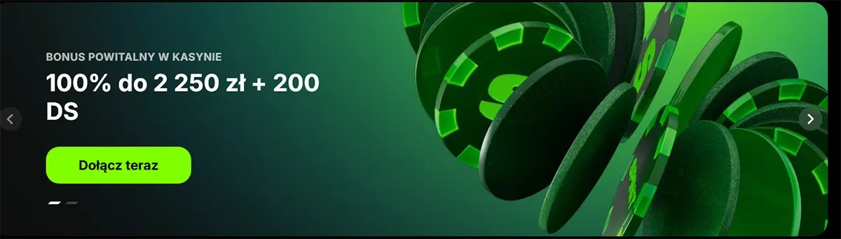 Casino welcome bonus banner showing “100% up to 2,250 zł + 200 free spins”, green chips in the background and a “Join now” CTA button.