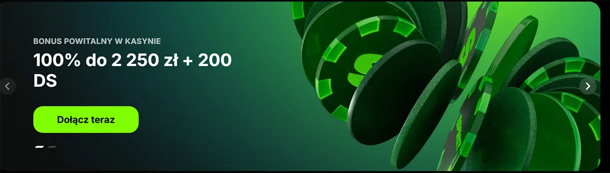 Casino welcome bonus banner showing “100% up to 2,250 zł + 200 free spins”, green chips in the background and a “Join now” CTA button.