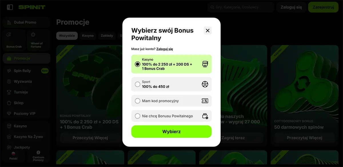 Popup modal “Choose your Welcome Bonus” showing bonus options (Casino 100% up to 2,250 zł + 200 free spins + 1 Bonus Crab selected, Sport 100% up to 450 zł, promo code, no bonus) with a green “Choose” button.