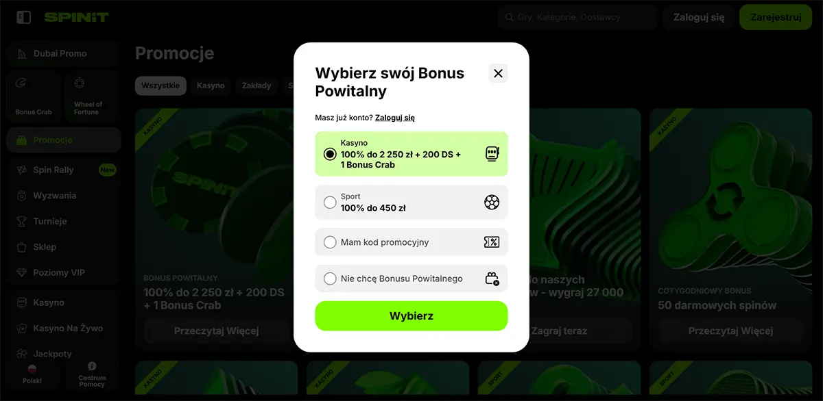 Popup modal “Choose your Welcome Bonus” showing bonus options (Casino 100% up to 2,250 zł + 200 free spins + 1 Bonus Crab selected, Sport 100% up to 450 zł, promo code, no bonus) with a green “Choose” button.